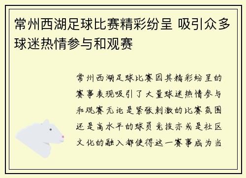 常州西湖足球比赛精彩纷呈 吸引众多球迷热情参与和观赛