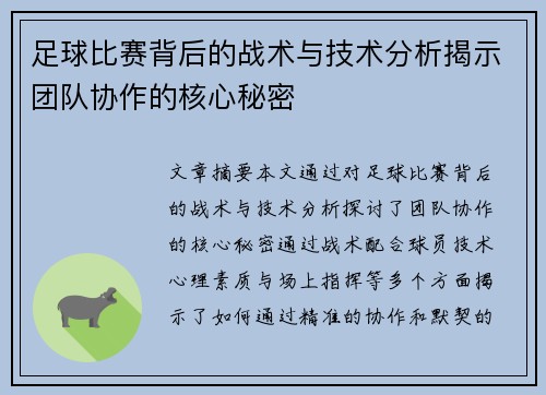 足球比赛背后的战术与技术分析揭示团队协作的核心秘密