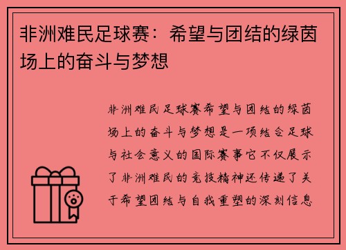 非洲难民足球赛：希望与团结的绿茵场上的奋斗与梦想