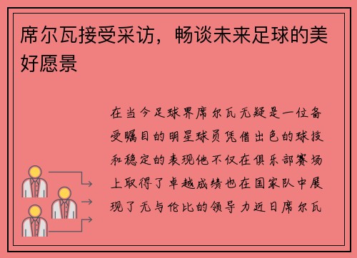 席尔瓦接受采访，畅谈未来足球的美好愿景