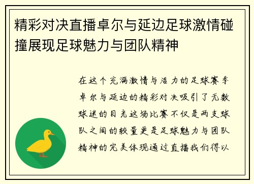精彩对决直播卓尔与延边足球激情碰撞展现足球魅力与团队精神