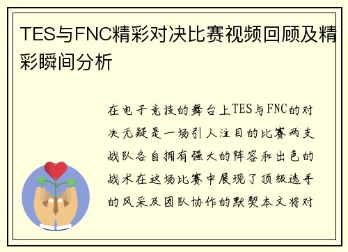 TES与FNC精彩对决比赛视频回顾及精彩瞬间分析