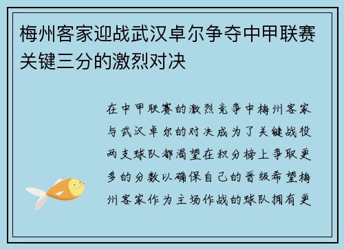 梅州客家迎战武汉卓尔争夺中甲联赛关键三分的激烈对决