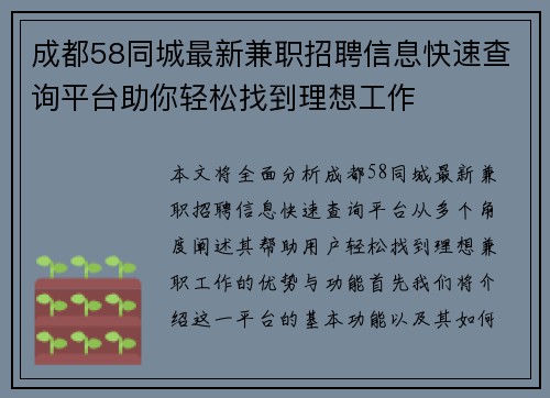 成都58同城最新兼职招聘信息快速查询平台助你轻松找到理想工作