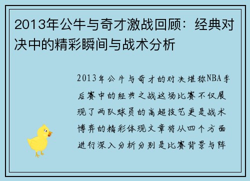 2013年公牛与奇才激战回顾：经典对决中的精彩瞬间与战术分析