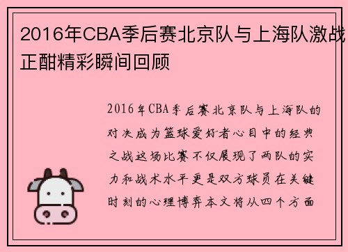 2016年CBA季后赛北京队与上海队激战正酣精彩瞬间回顾