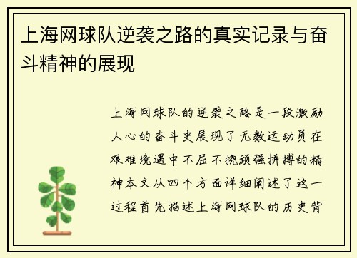 上海网球队逆袭之路的真实记录与奋斗精神的展现