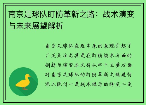 南京足球队盯防革新之路：战术演变与未来展望解析