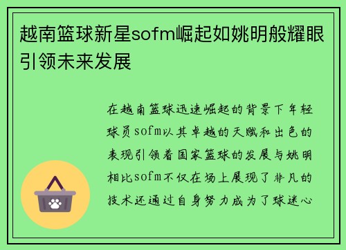越南篮球新星sofm崛起如姚明般耀眼引领未来发展